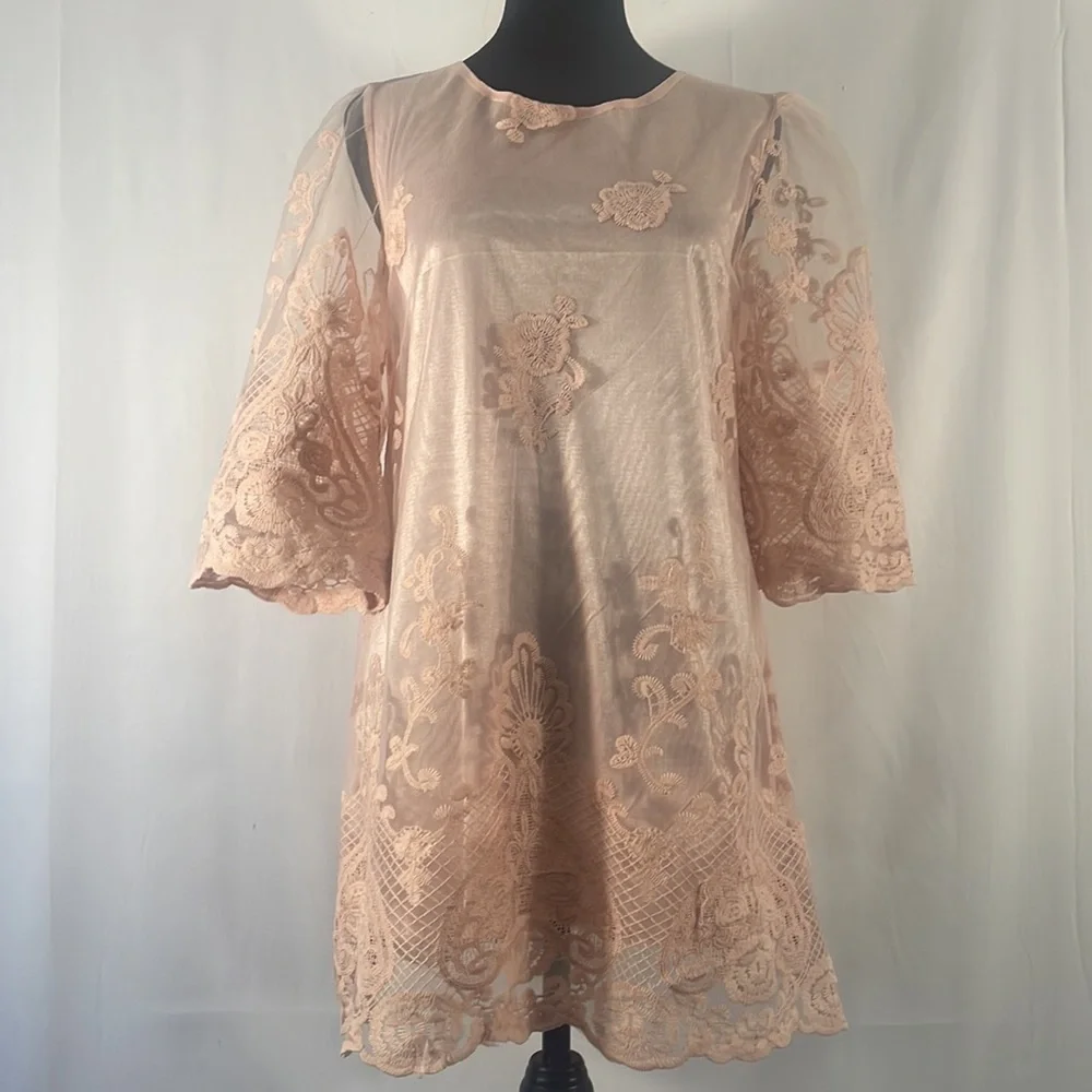 Simply Couture Pink Floral Layered sheer lace Baby doll, Tunic Dress,Size Small - Picture 11 of 11